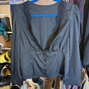 SHEIN Black Lace Trim Button Down Shirt